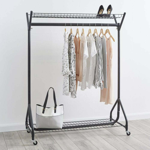 Black Heavy-Duty Clothes Rail With Top and Bottom Shelf