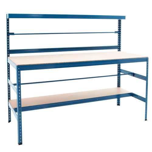 Blue Packing Bench With Chipboard Shelves, 2x Reel Bars - Up To 300kg UDL