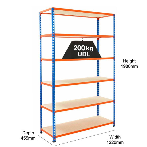 Multipurpose Shelving With 6 x Chipboard Shelves - H1980 x W1220mm - 200kg Max UDL/Shelf