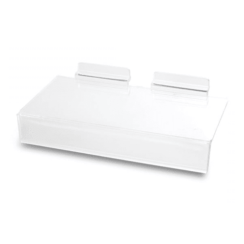 Clear Acrylic Slatwall Shelf with 25mm Ticket Holder - W250 x D100mm