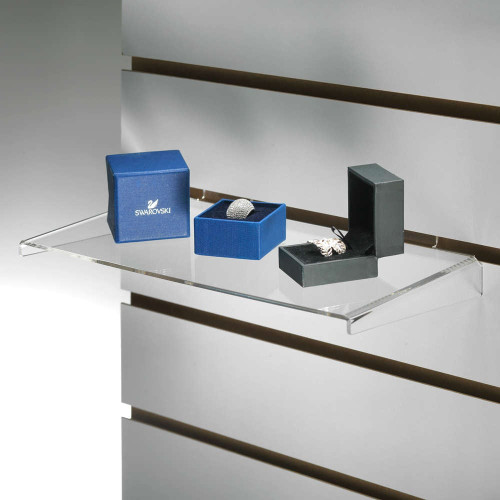 Clear Acrylic Slatwall Shelf with Side Supports - W300 x D150mm