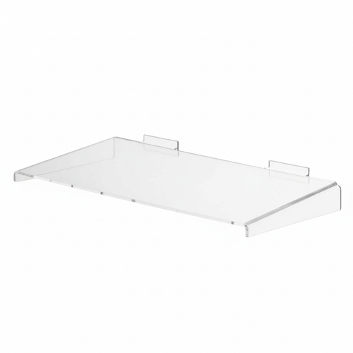 Clear Acrylic Slatwall Shelf with Side Supports - W600 x D200mm