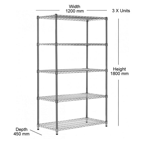 3 x 5 Tier Heavy Duty Chrome Wire Shelving Units - H1800 x D450mm