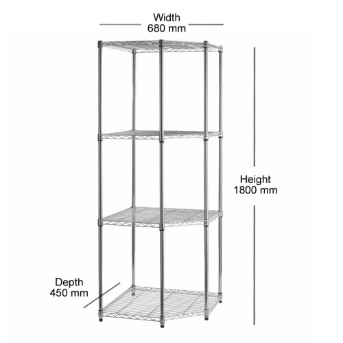 4 Tier Chrome Wire Shelving Corner Unit - H1800 x W680 x D450mm