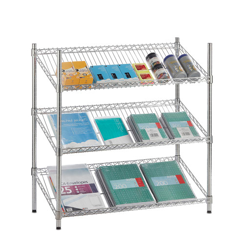 3 Tier Chrome Wire Shelving Unit with Slanted Shelves - H900 x D450mm