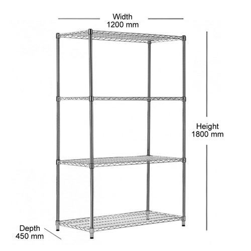 4 Tier Heavy Duty Chrome Wire Shelving Unit - H1800 x D450mm