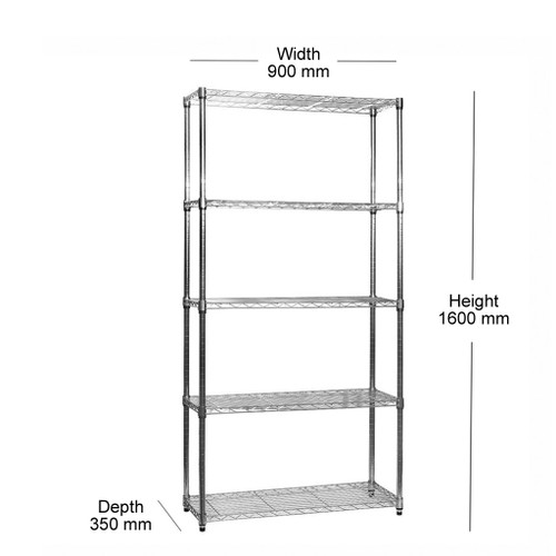 5 Tier Narrow Chrome Wire Shelving Unit - H1600 x D350mm
