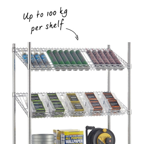 5 Tier Chrome Wire Shelving Unit with Slanted Shelves - H2100 x D450mm