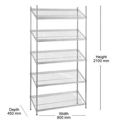 5 Tier Chrome Wire Shelving Unit with Slanted Shelves - H2100 x D450mm