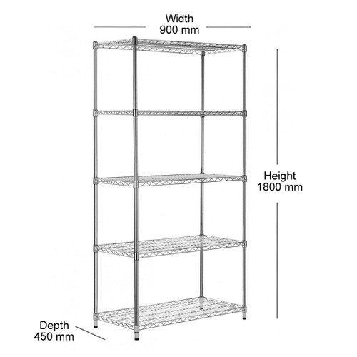 5 Tier Heavy Duty Chrome Wire Shelving Unit - H1800 x D450mm