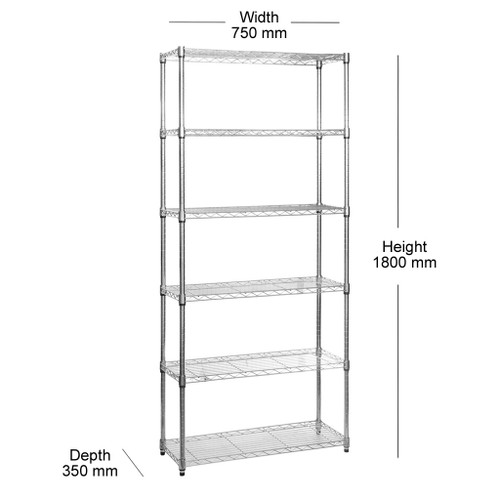 6 Tier Narrow Chrome Wire Shelving Unit - H1800 x D350mm
