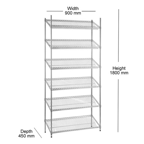 6 Tier Chrome Wire Shelving Unit with Slanted Shelves - H1800 x D450mm