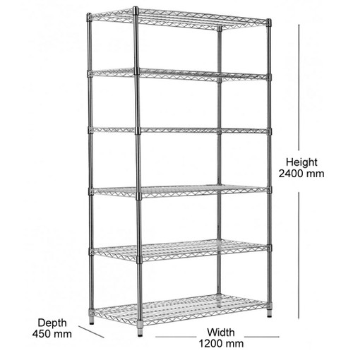 6 Tier Heavy Duty Chrome Wire Shelving Unit - H2400 x D450mm