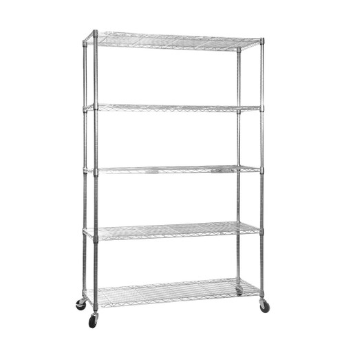 5 Tier Chrome Wire Shelving Unit with Wheels - H1875mm 5 Tier Chrome Wire Shelving Unit with Wheels - H1875mm