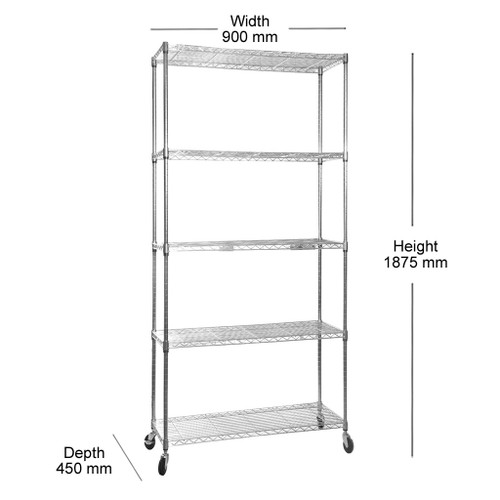 5 Tier Chrome Wire Shelving Unit with Wheels - H1875mm 5 Tier Chrome Wire Shelving Unit with Wheels - H1875mm