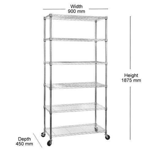 6 Tier Chrome Wire Shelving Unit with Wheels - H1875mm 6 Tier Chrome Wire Shelving Unit with Wheels - H1875mm