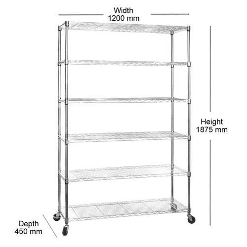 6 Tier Chrome Wire Shelving Unit with Wheels - H1875 x D450mm