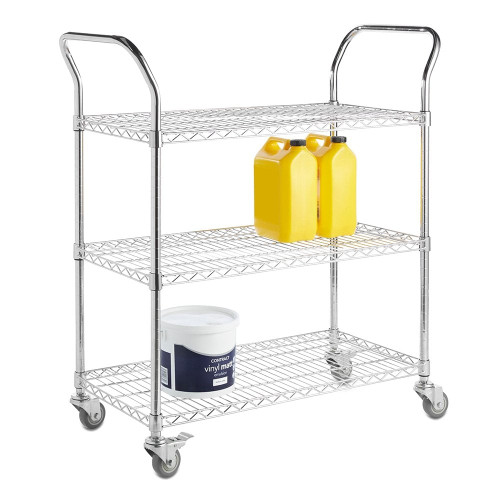 3 Tier Chrome Wire Shelf Trolley with Handles - H960 x W900 x D450mm
