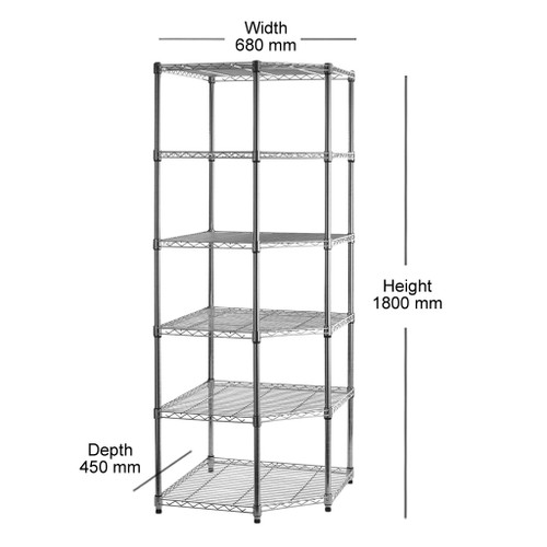 6 Tier Chrome Wire Shelving Corner Unit H1800 x W680 x D450mm