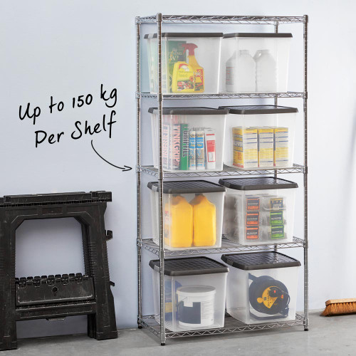 Heavy Duty Chrome Wire Shelving Unit plus 12 Black Storage Boxes - H1800 x W1200 x D450mm