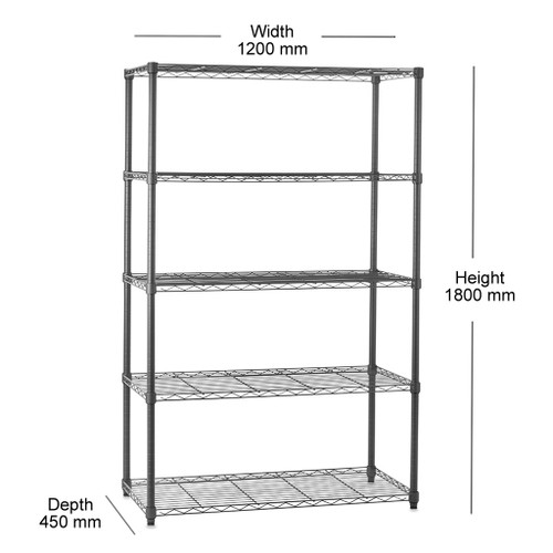 Heavy Duty Chrome Wire Shelving Unit plus 16 Black Storage Boxes - H1800 x W1200 x D450mm