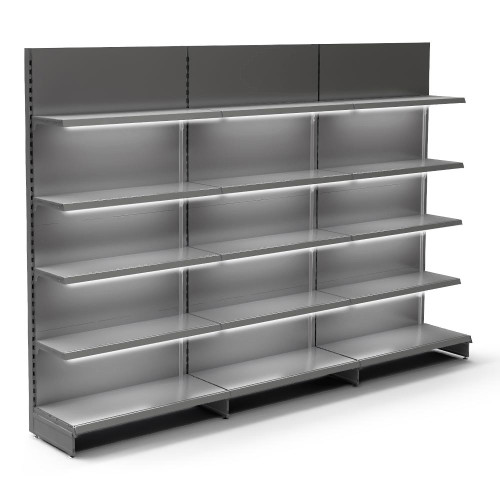 Silver Retail Wall Shelving with LED Lighting - 3 x H1800 x W1250mm Bays - 12 Shelves