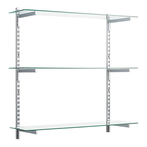 Chrome & Glass Twin Slot Shelving Kit - D300mm - 3 Shelves, 6 Square Brackets