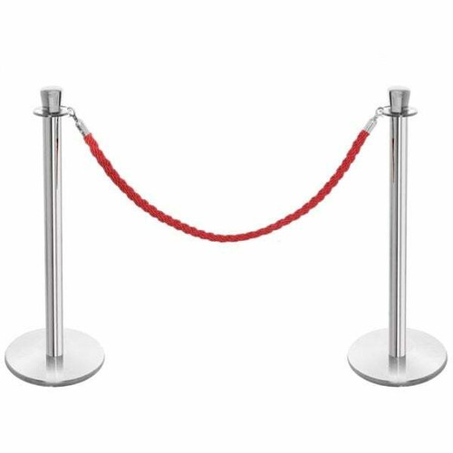 6 x Premium Rope Barrier Posts - Polished Stainless Steel Posts with 5 x Red Twisted Ropes