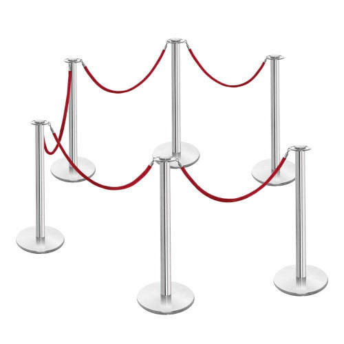 6 x Rope Barrier Posts - Polished Stainless Steel Posts with 5 x Red Velvet Ropes