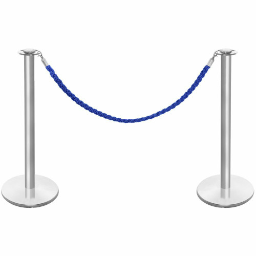 Pair of Rope Barrier Posts - Brushed Stainless Steel Posts with Blue Twisted Rope
