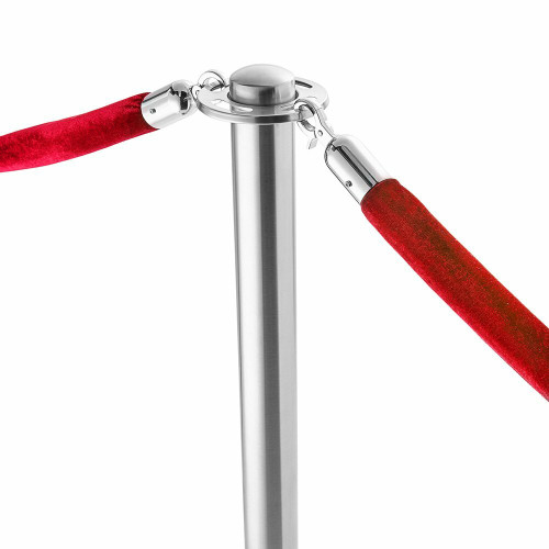 Pair of Rope Barrier Posts - Brushed Stainless Steel Posts with Red Velvet Rope