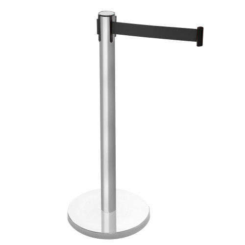 Retractable Belt Barrier Post - Brushed Stainless Steel Post with Black Webbed Belt