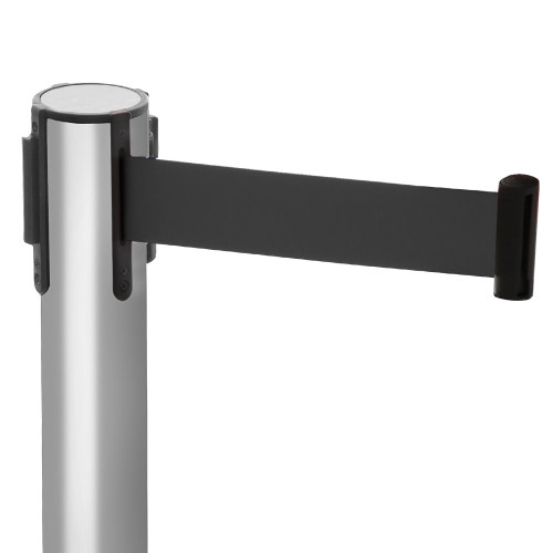 Retractable Belt Barrier Post - Brushed Stainless Steel Post with Black Webbed Belt