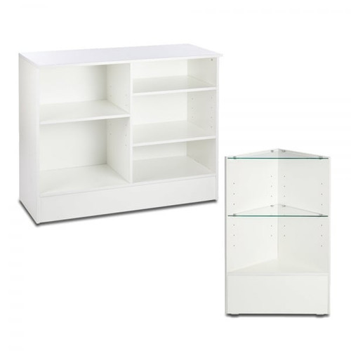 White Shop Counter and Corner Display Unit with Glass Shelves Bundle - Silhouette Range