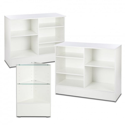 2 x White Shop Counters and 1x Corner Display Unit with Glass Shelves Bundle