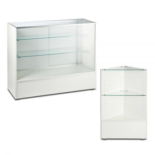 White Shop Counter With 3/4 Glass Display and Corner Display Unit Bundle - Silhouette Range