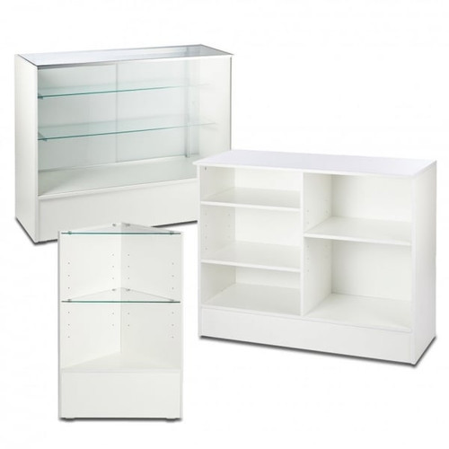 White Shop Counter With 3/4 Glass Display and Corner Display Unit Bundle