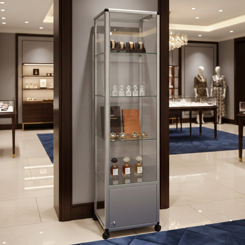 Glass Display Cabinet Tower with 3 Glass Shelves and Storage Cupboard - W500mm