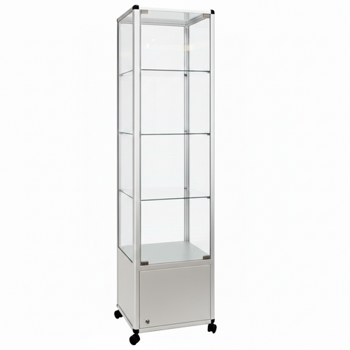 Glass Display Cabinet Tower with 3 Glass Shelves and Storage Cupboard - W500mm