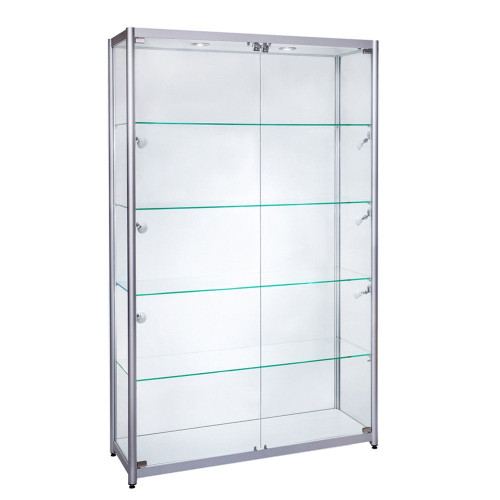 Skyline Aluminium Tower Showcase All - Glass Display with 4 Glass Shelves - Double Door