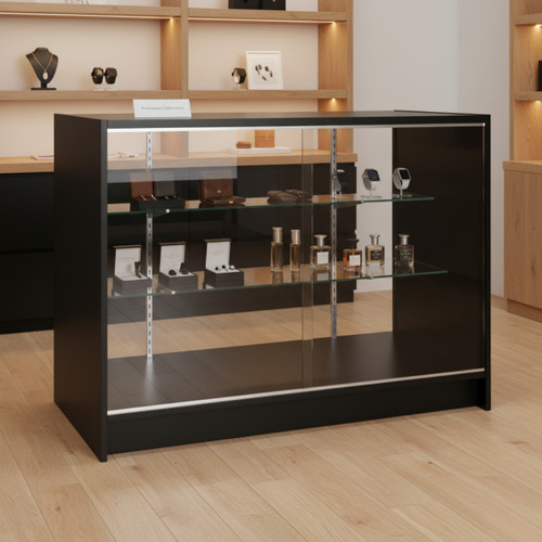 Shop Counter With MDF Top 2 Glass Shelves and Storage - Aura Range