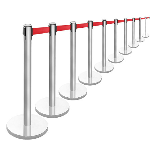 10 x Retractable Belt Barrier Posts - Brushed Stainless Steel Posts with Webbed Belts