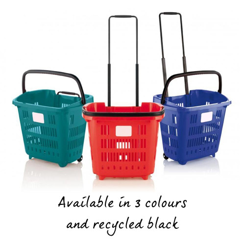 Red Plastic Shopping Basket With Wheels And Telescopic Handle - 34L