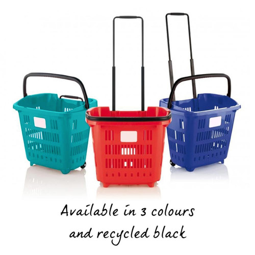 Black Plastic Shopping Basket With Wheels And Telescopic Handle - 34L