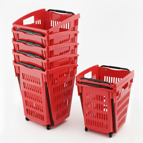 Red Plastic Shopping Basket With Wheels And Telescopic Handle - 52L