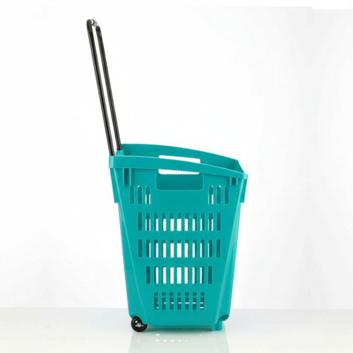 Turquoise Plastic Shopping Basket With Wheels And Telescopic Handle - 52L