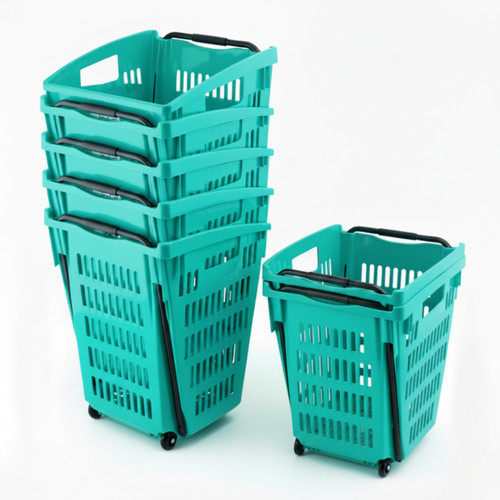 Turquoise Plastic Shopping Basket With Wheels And Telescopic Handle - 52L