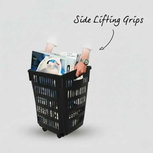 Black Plastic Shopping Basket With Wheels And Telescopic Handle - 52L