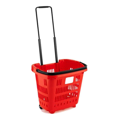 Pack of 10 Red Plastic Shopping Basket With Wheels And Telescopic Handle - 34L