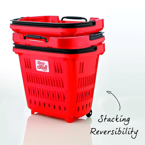 Pack of 10 Blue Plastic Shopping Basket With Wheels And Telescopic Handle - 34L